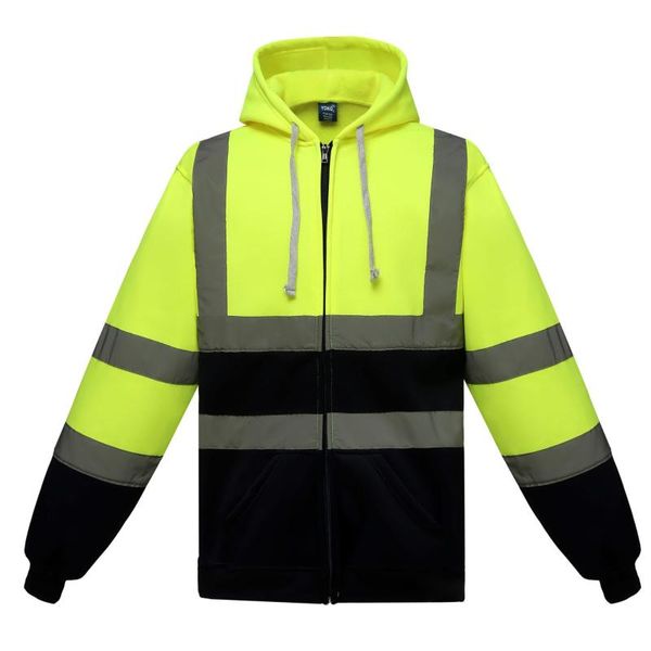

men's hoodies & sweatshirts mens road work high visibility pullover long sleeve hooded sweatshirt hoodie reflective zipper with pocket, Black