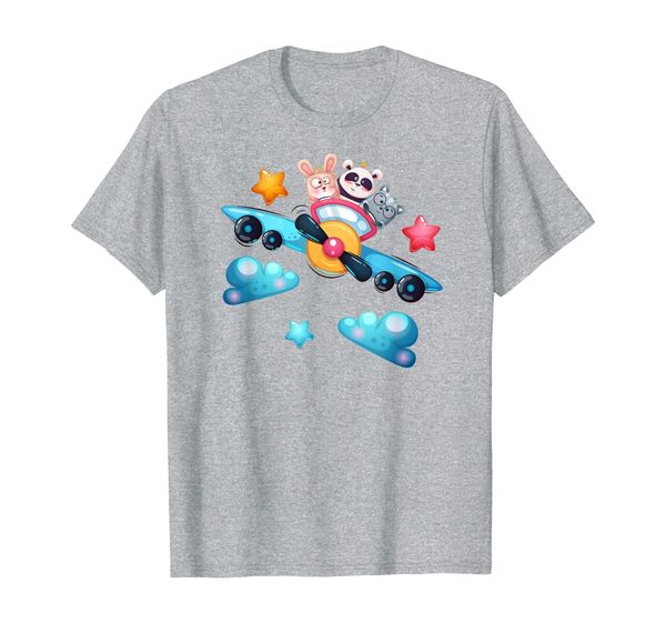 

cute panda bear, cat and rabbit flying a plane. t-shirt, White;black