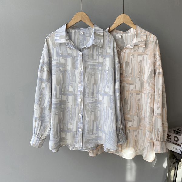 

2021 new mooirue spring korean style women shirts long sleeve abstract printed boyfriend blue pink blouse gmnw, White