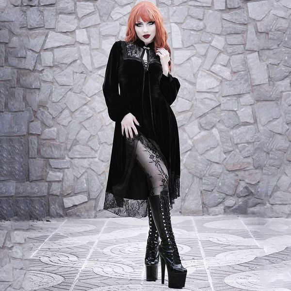 

vintage slim party mini dress women gothic o-neck splice lace hollow out dress female autumn fashion elegant dress, Black;gray