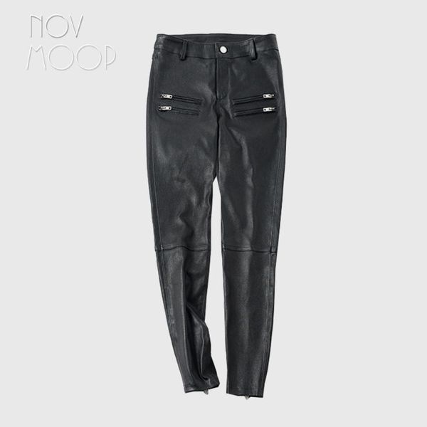 

women's pants & capris novmoop office lady winter black medium waist high elastic sheepskin genuine leather pencil pantalones spodnie l, Black;white