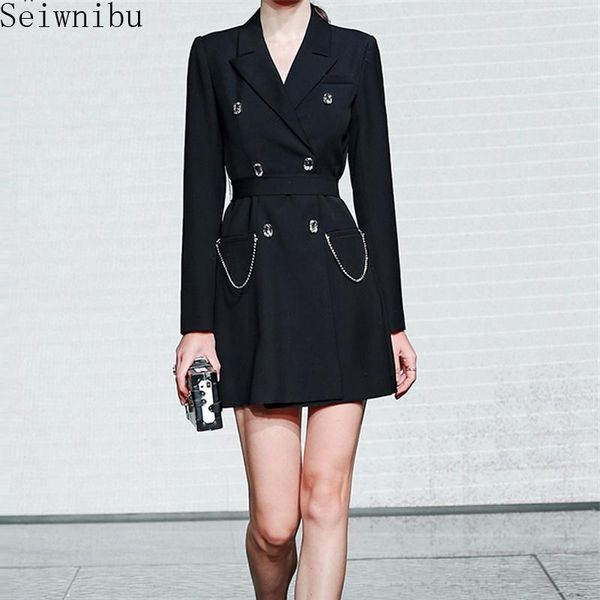 

women autumn fashion designer dress long sleeve double breasted elegant ladies beading blazer suit dress casual, Black;gray