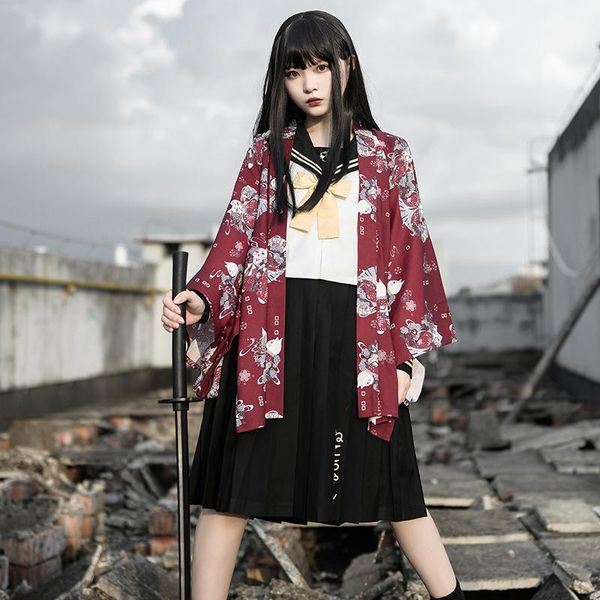 

ethnic clothing japanese style yukata fashion women's coat kimono three quarter sleeve casual cat floral printed girls black red haori