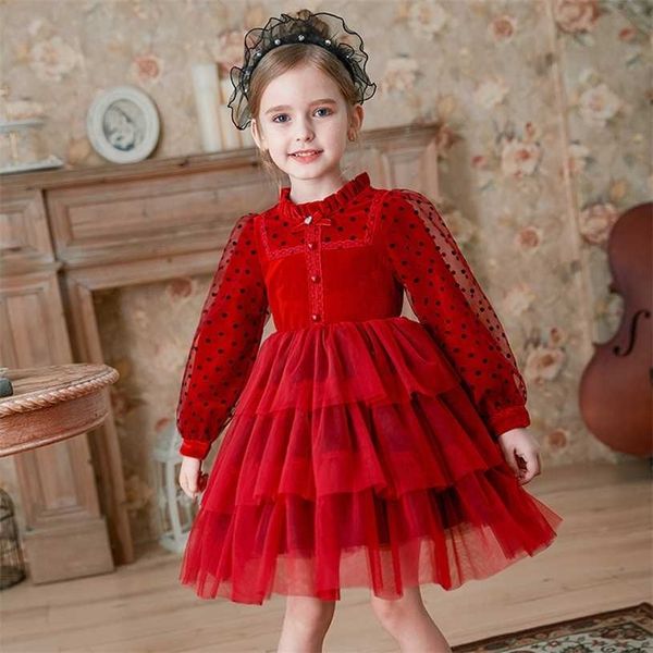 Modernes langärmliges Samt-Mädchen-Rot-Performance-Kleid, Weihnachts-Outfit, Stoff, Hochzeitsfeier, Kinder für 4, 7, 9, 12, 14 Jahre 211231