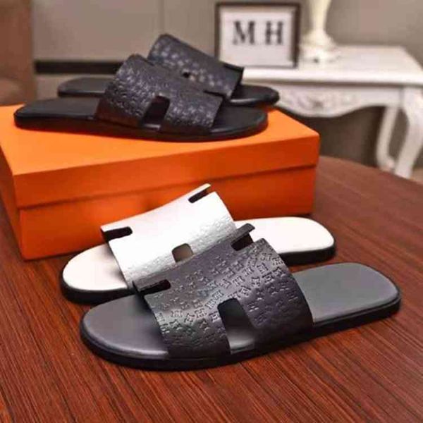 

h slippers men 2021 summer sandal flat bottom net red leather flip flop casual sandals beach shoes zlh, Black