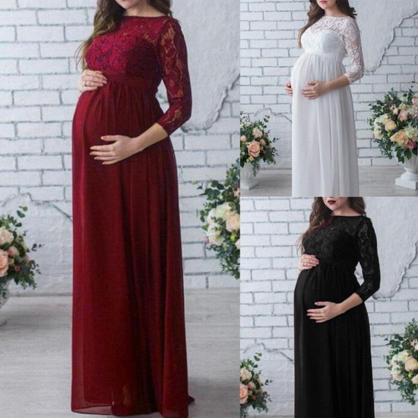 

maternity lace dresses clothes long sleeve strapless pregnancy pgraphy props shoot maxi gown dress for pregnant women, White