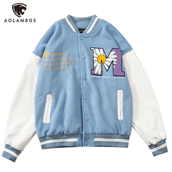 

aolamegs furry big letter daisy flowers patch leather patchwork baseball jacket men autumn college style bomber jackets coat men 210928, Black;brown