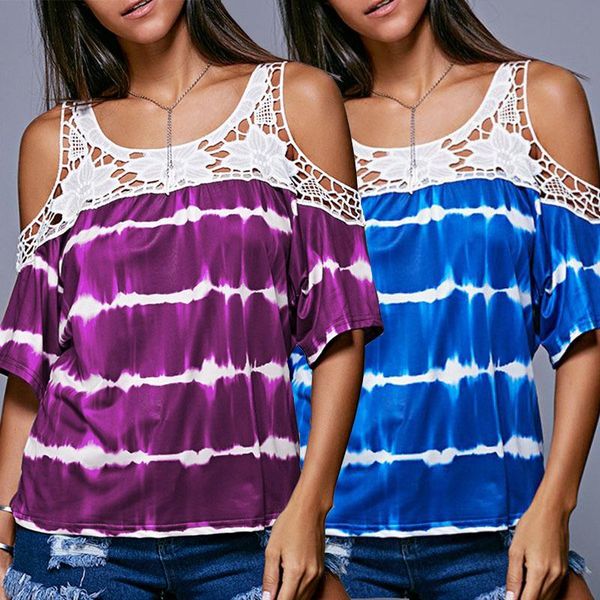 

women's t-shirt 2021 casual stripe lace short sleeve off shoulder for women, White