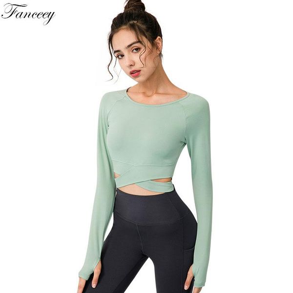 

fanceey gym crop women sports yoga long sleeve seamless woman t-shirts fitness shirt active wear workout mesh shirt