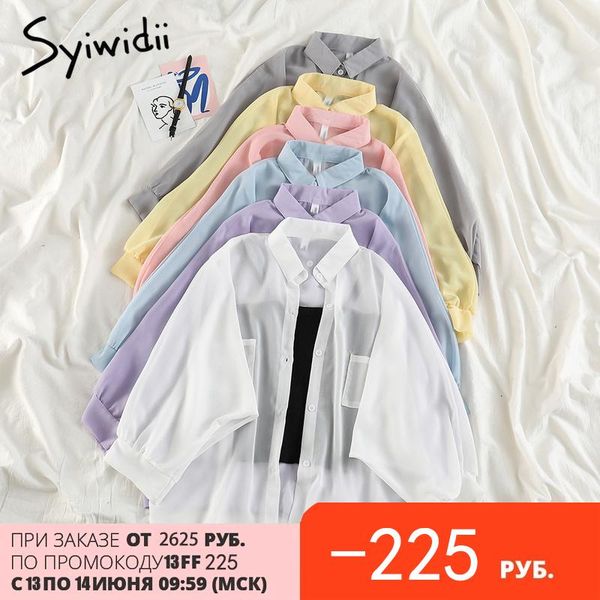 

women's blouses & shirts syiwidii chiffon long sleeve blouse women summer 2021 fashion loose pockets turn-down collar casual white purp