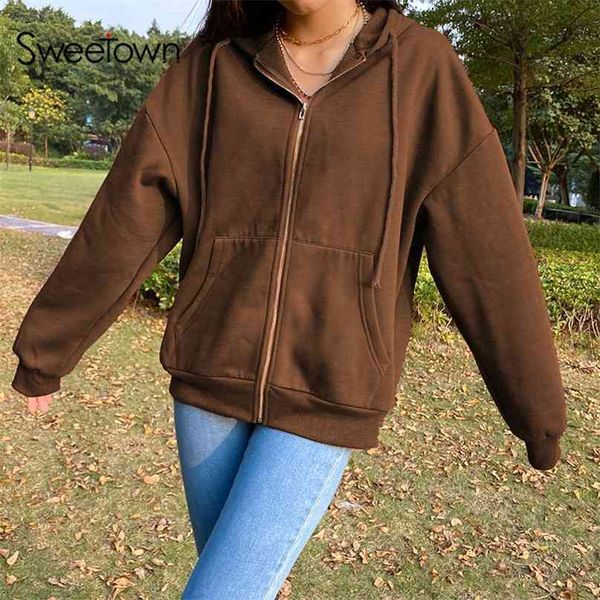 

sweetown brown y2k aesthetic hoodies women vintage zip up sweatshirt winter jacket clothes pockets long sleeve hooded pullovers 210803, Black