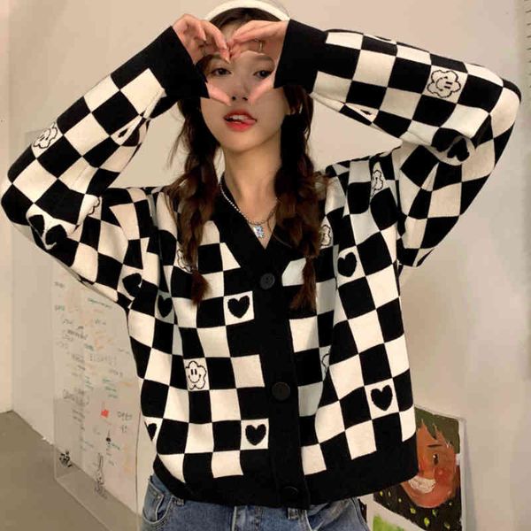 

women's sweaters outono e inverno xadrez cardigan amor feminino smiley com decote em v solto camisola de malha 4xym, White;black