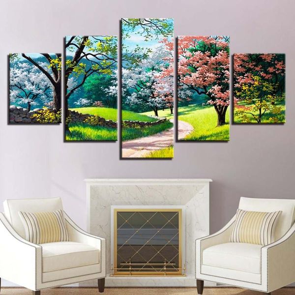

hd print picture frame living room home decor 5 pieces flower tree spring scenery painting modular modern poster canvas wall art