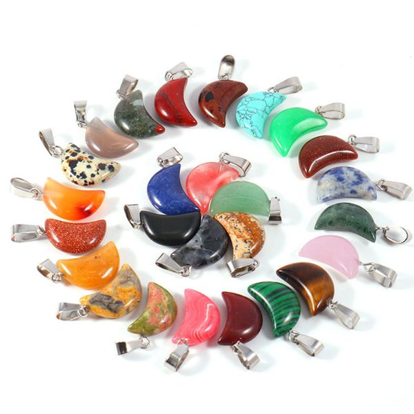 

colorful natural stone crystal moon shape pendant necklaces for women men fashion decor jewelry with chain, Silver