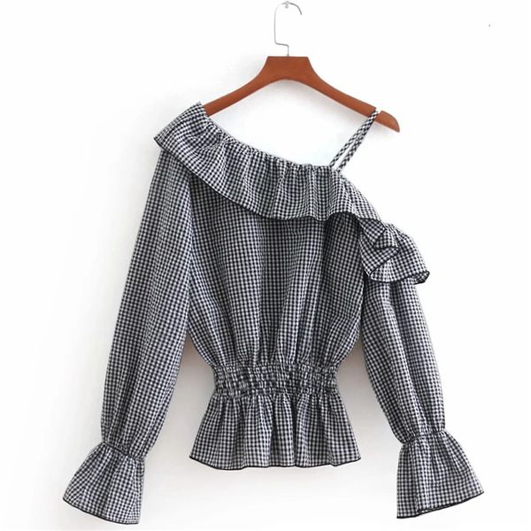 

autumn black new white plaid crop women 2021 fashion off shoulder ruffle long sleeve female chic woman blouse kz05 9f9v