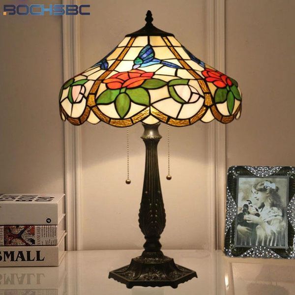 

table lamps bochsbc home decor lamp stained glass lampshade tiffany european style alloy frame red rose blue butterfly desk light