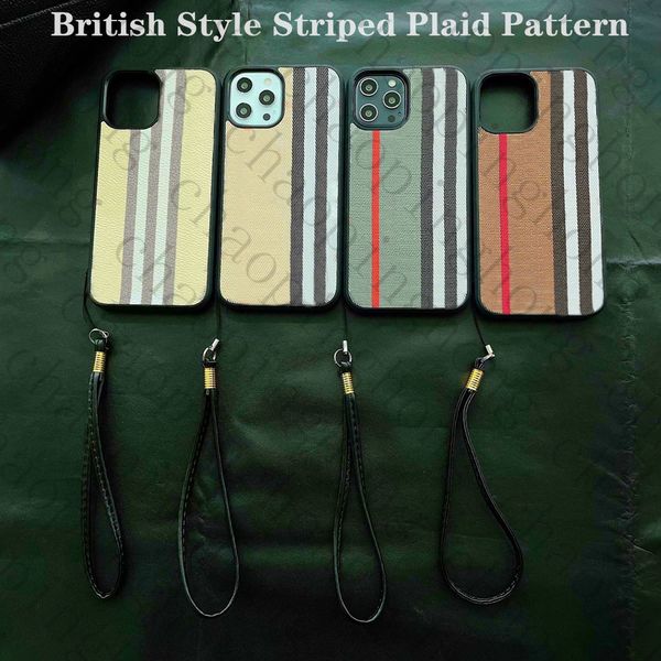 

british style fashion designer phone cases with striped plaid pattern for iphone 13 12pro 11 xr xs 7/8 plus cover wrist strap