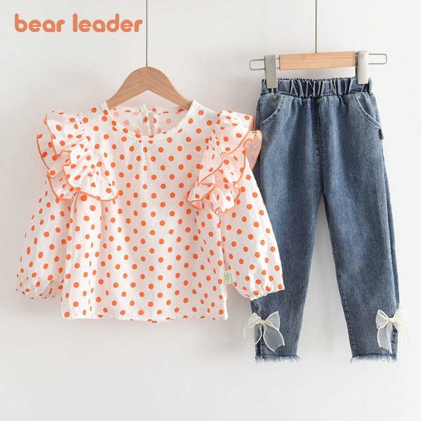 

bear leader kids girls fashion korean clothes suits baby girl polka dot ruffles blouses jeans outfits children casual clothing 210708, White