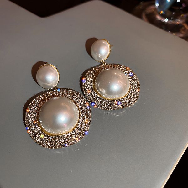 

new trendy rhinestone round ear studs charm lady luxury big pearl earrings jewelry unusual gifts for women girls, Golden