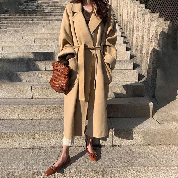 

women's wool & blends 2021 autumn and winter cashmere double-sided tweed coat middle long high-end temperament loose, Black