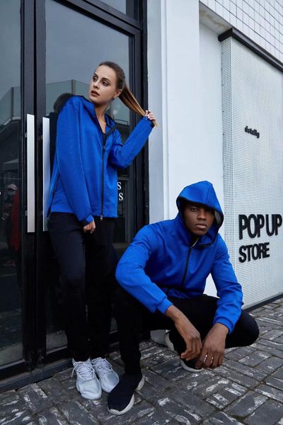 

running jackets polyester hooded sport jacket workout fitness tracksuit zipper pockets jogging football training clothe men women coat, Black;red