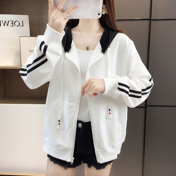

women's white sweater 2021 new spring and autumn thin loose korean fashion hooded cardigan jacket, Black