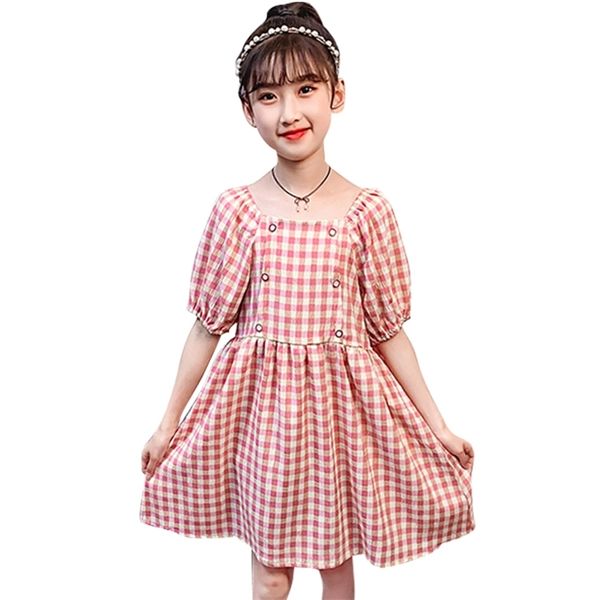

dress for girls plaid pattern girl child summer kids casual style costumes 6 8 10 12 14 210527, Red;yellow