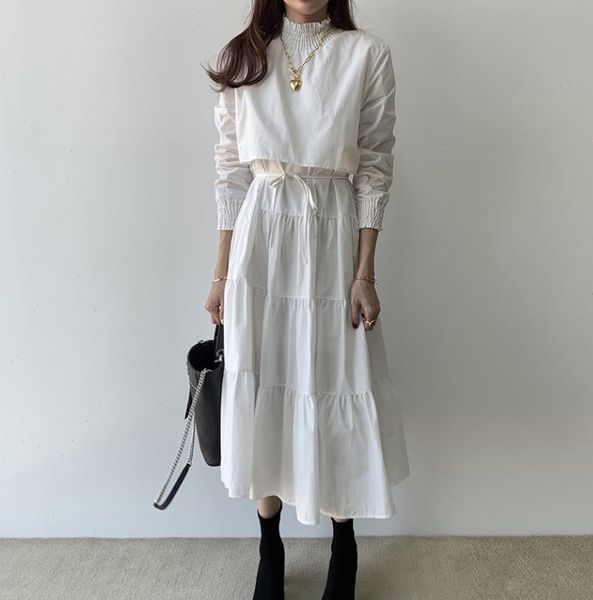 

stand collar long sleeve party white dresses office ladies work long dress female 2021 elegant solid maxi dress vestidos, Black;gray