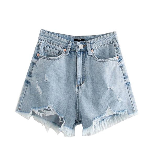 Frauen Chic Mode Taschen Ausgefranste Saum Ripped Denim Shorts Vintage Hohe Taille Zipper Fly Weiblichen Kurzen Jeans Mujer