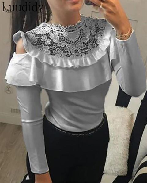 

women's blouses & shirts women casual ruffled cold shoulder crochet lace long sleeve blouse, White