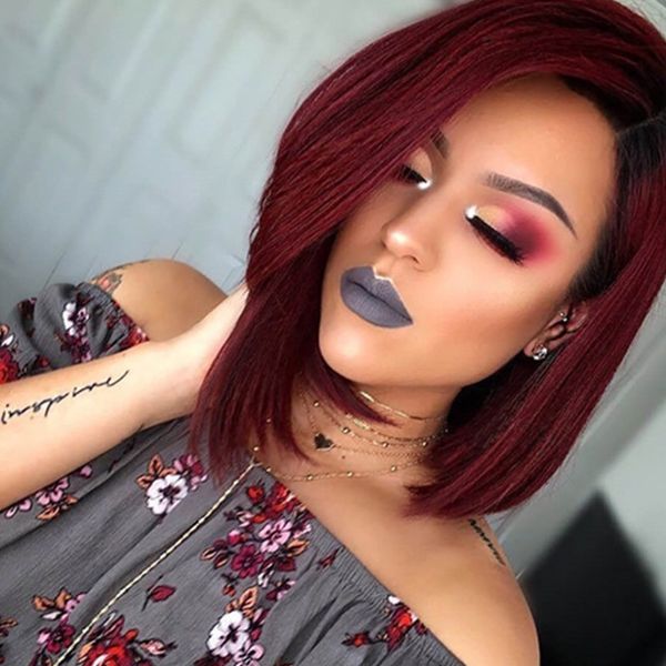 

chemical popular european and american wig fashion fiber wig women's side bobo head short straight hair wine red dyeing cover, Black