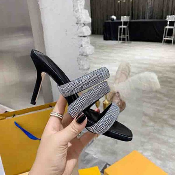 

wholesale brand luxury designer donkey's rhinestone sandals square toe four styles banquet high heel sandals size 35-43, Black