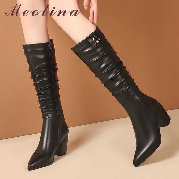 

meotina pleated real leather thick high heel long boots women pointed toe zip metal decoration knee high boots ladies shoes 45 210608, Black