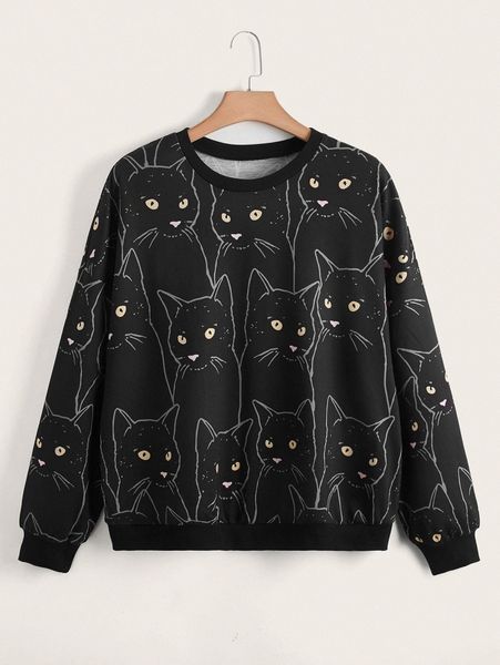 

plus cat print drop shoulder pullover b5em#, Black