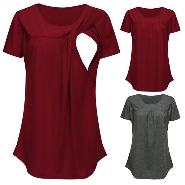 

maternity & tees pregnant t-shirts casual solid women short sleeve breastfeeding ladies t-shirt loose pregnancy clothes, White