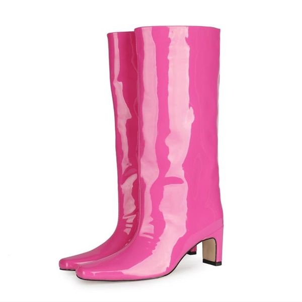 

boots thick heel pink long women shoes 2021 knee high mirror leather for teenagers slip on, Black