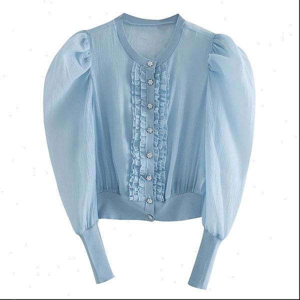 

agong casual o neck sweaters women fashion perspective organza sweater women elegant cascading blue sweaters female ladies hq, White;black
