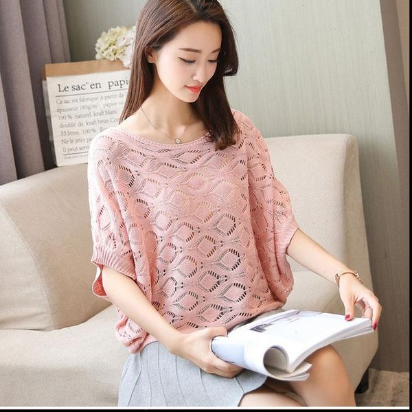 

thin summer women pullover short sleeve hollow out crochet sweater loose ladies sweater jumper knit causal round neck top, White;black