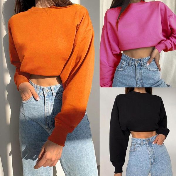 

women long sleeve o-neck sweatshirt bright solid color oversized loose crop 649c, Black