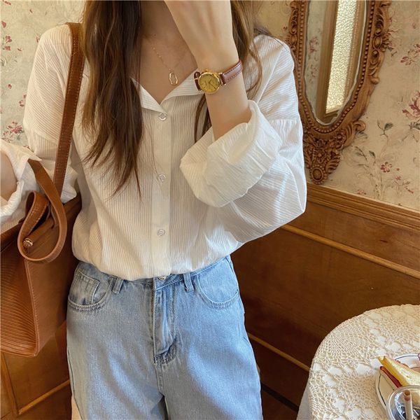 

2021 new thin casual leisure all match chic stylish office lady summer loose full-sleeved women shirts y6jm, White