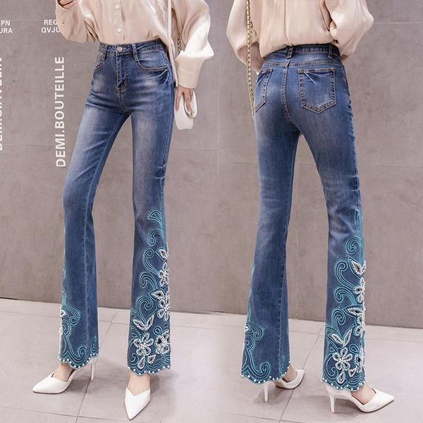 

women's jeans denim micro flared trousers spring and autumn high waist stretch slimming embroidery retro fishtail, Blue