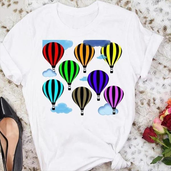 

cartoon balloon watercolor short sleeve womens t shirt summer tshirts fashion clothes graphic lady print tee, White