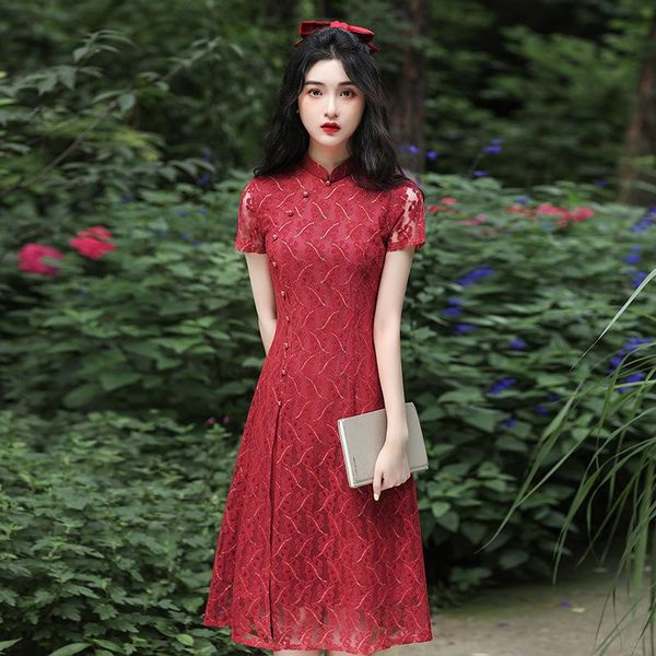 

ethnic clothing mid length lace qipao solid color lady cheongsam plus size 3xl 4xl chinese trditional dress gown elegant print vestidos, Red