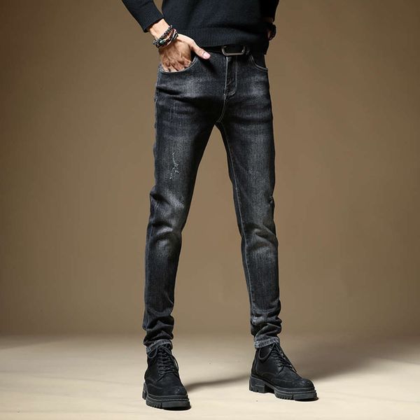 

autumn jeans wear and scrape small straight slim long pants trend black gray youth versatile korean menwinter, Blue