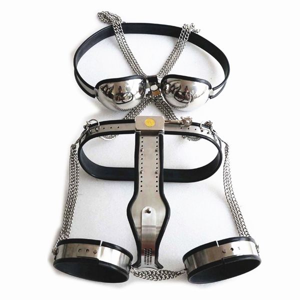 Black Gear Chastity Bra + T-Model Dispositivi femminili bloccabili completamente regolabili Coppia di cinture Coscia 5pc Set Bondage