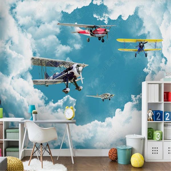 

wallpapers mediterranean wallpaper for living room blue sky and white cloud aircraft children's background wall paper papel de parede
