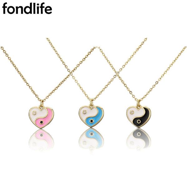 

chains love heart yin and yang pendant gold-plated copper chain necklace women lady chinese tai ji cz jewelry present, Silver
