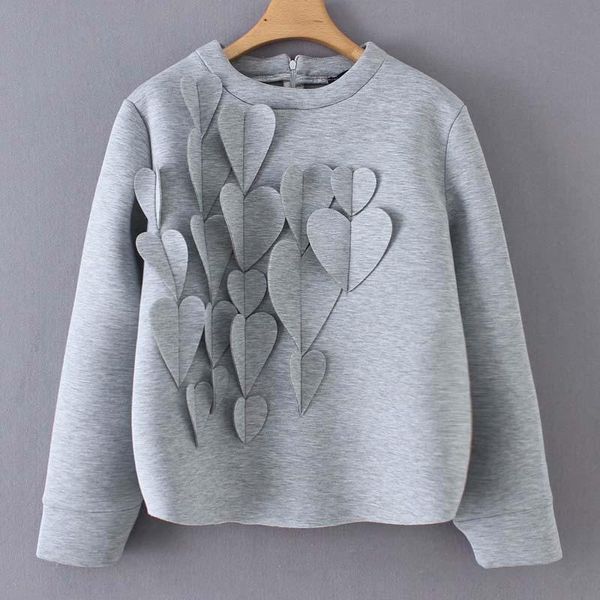 

women's hoodies & sweatshirts heart three-dimensional decoration crewneck pullovers gray long sleeve for women, Black