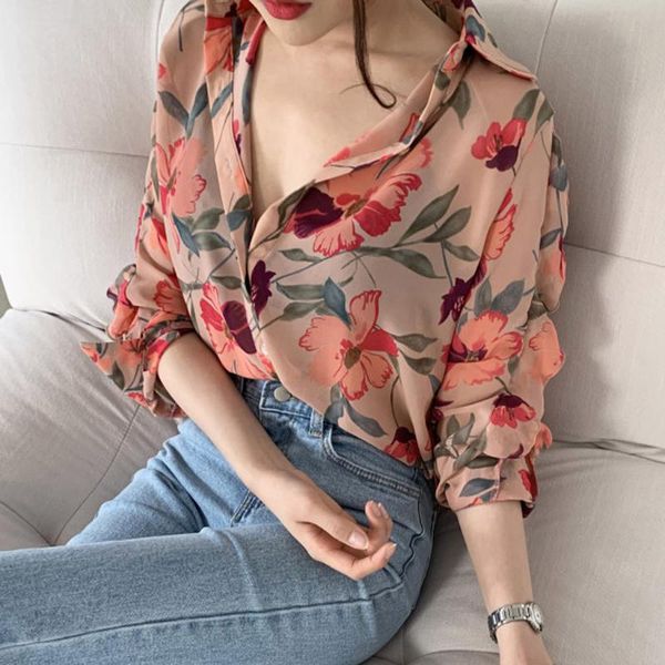 

women's blouses & shirts women fashion long sleeve chiffon puff printed v-neck ladies button loose blouse work shirts#48, White