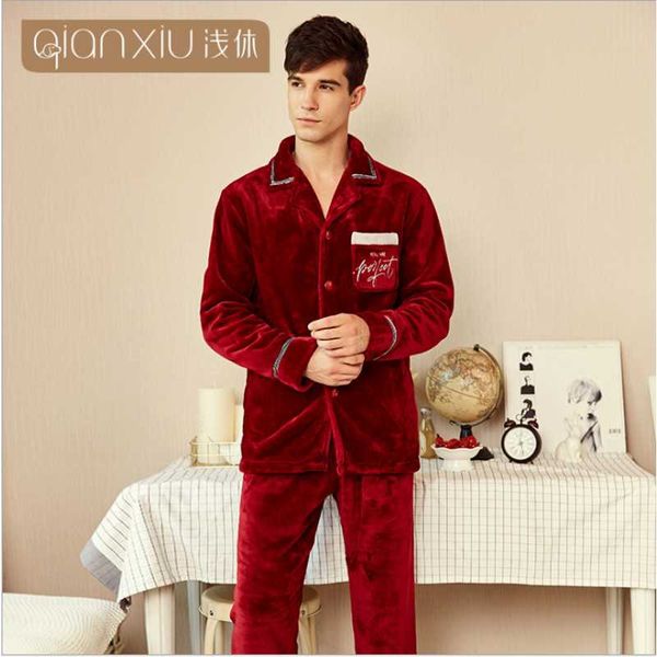 

2021 winter men casual soft pajama sets male warm velvet sleepwear suit men's turn-down collar coat & pants xxl two-piece sets, Black;brown